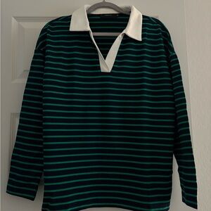 Striped Green and Navy Long Sleeve Rugby Polo